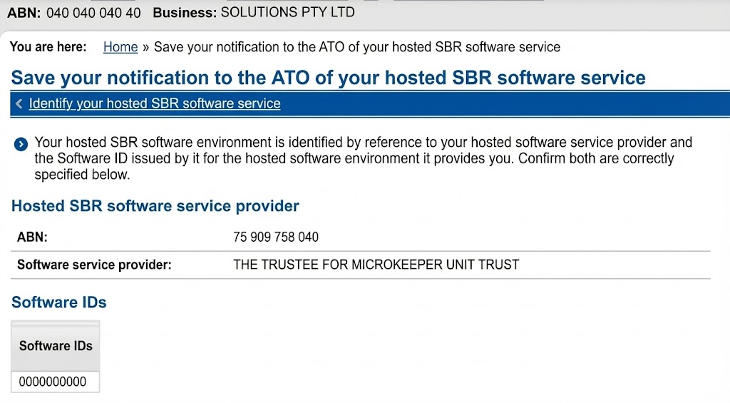 The Software ID connected to the software service provider of Microkeeper in the ATO SBR Software Service