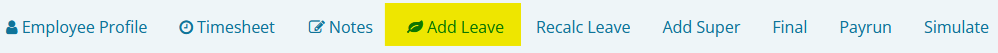 An image of the highlighted "Add Leave" button on the top of an employee's payslip