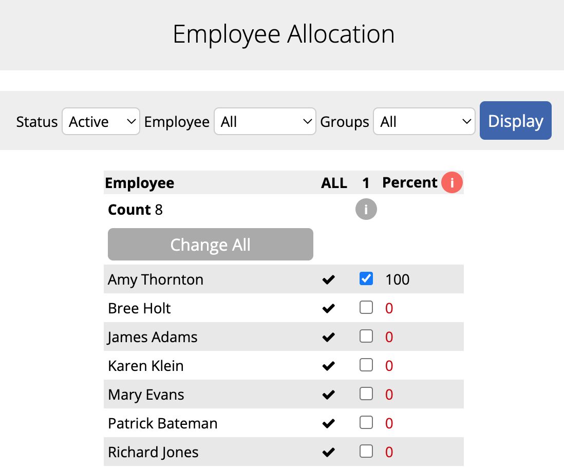 An image of the Employee Allocation area with the employee "Amy Thornton"