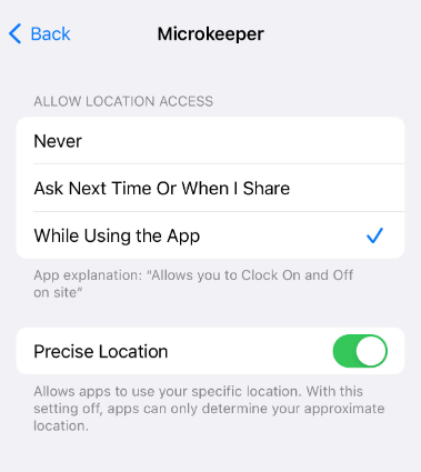 image from ios of location settings for microkeeper app to allow precise location and allow location access while using the app