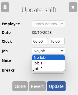 image of update shift form and user changing the attached Job