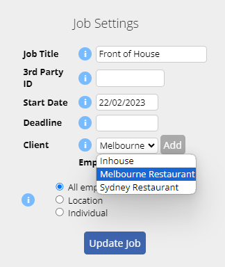 Image of Job Setting with user selecting a Client.