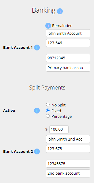 an image of the Banking area in the employee profile with a split payment bank account setup