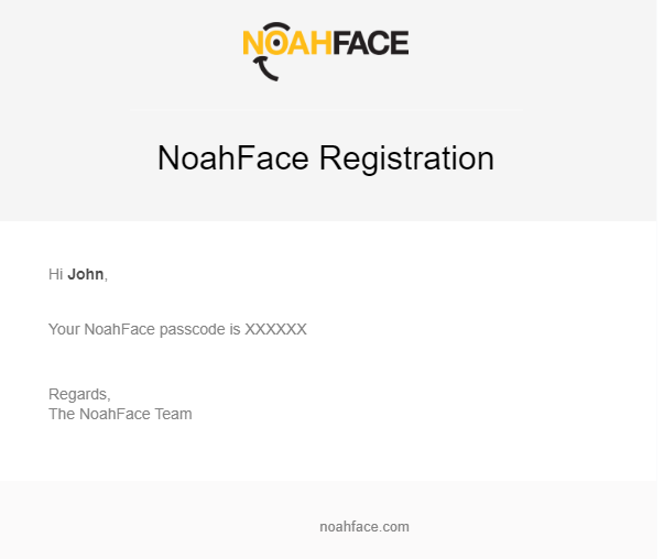 an image of the noahface registration code sent via email