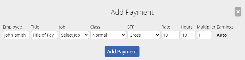 an image of the "Add Payment" window to add a payslip item.