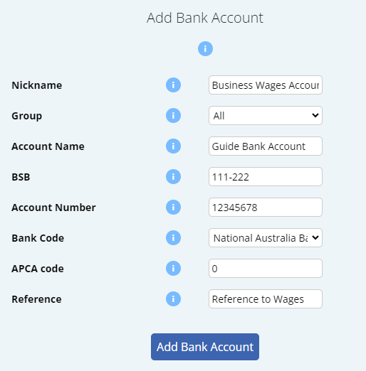 an image of the "Add Bank Account" configuration window will all details filled with examples and displaying the "Add Bank Account" button on the bottom of the window