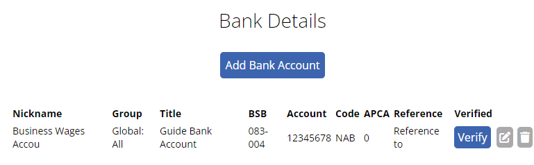 an image of the "Bank Details" page with a bank account in the list.
