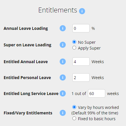 The Employee Profile - Entitlements section with the configuration setup with 4 weeks of Entitled Annual Leave, 4 weeks of Entitled Personal Leave and 1 out of 60 weeks of Entitled Long Service Leave