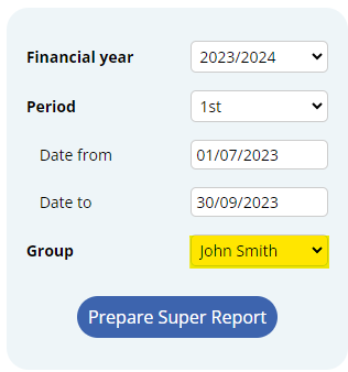 Super Report filter configured for one employee