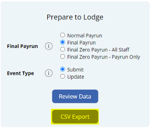 prepare to lodge with csv export highlighted
