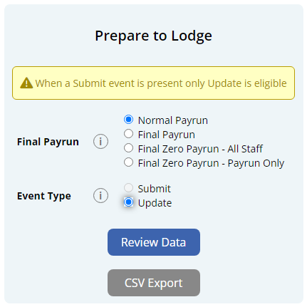 A screenshot of the Prepare to Lodge Section of STP Lodgement. Normal Payrun and Update are selected