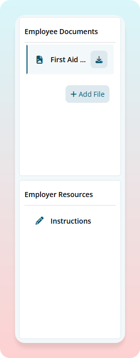 Employee Documents sidebar showing uploaded skill file and Add File button with Employer Resources instructions section