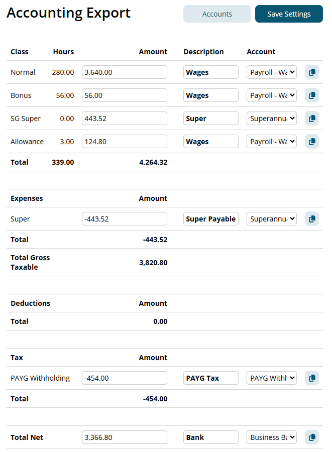 Accounting export example with fields filled
