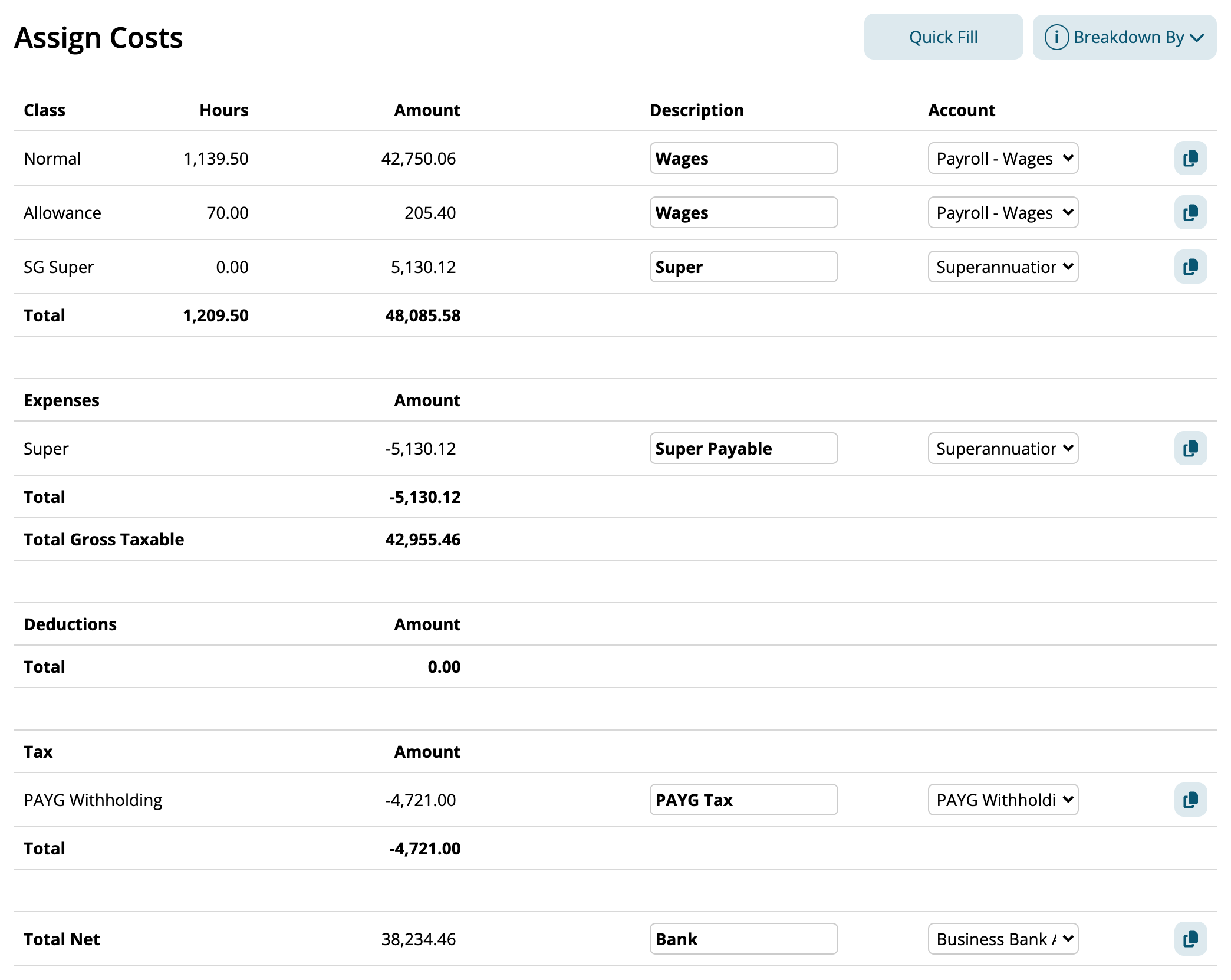 Assign Costs on Complete Payrun's 3. Export, with each line's Description and Account: Normal and Allowance to wages, SG Super to super, the Super expense to super payable, PAYG Withholding to PAYG payable, and Total Net to the bank account