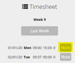 Image of Timesheet Entries with add Notes highlited