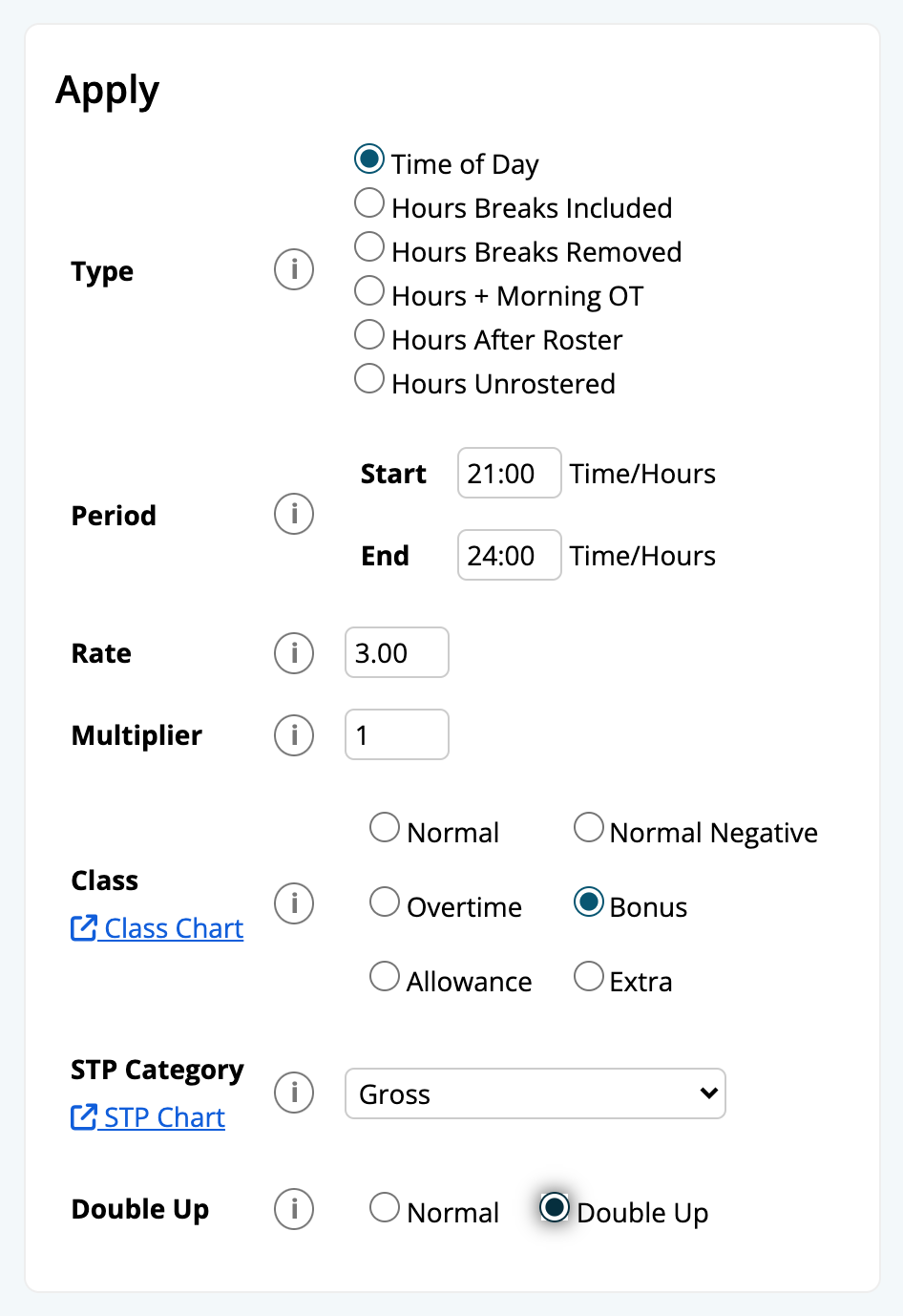 The Apply section of the Evening rule: Time of Day, 21:00 to 24:00, Rate 3.00, Multiplier 1, Class Bonus and Double Up