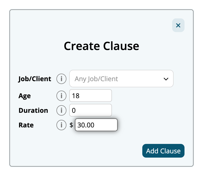 The Create Clause window for Cafe Level 2's adult rate: Age 18, Duration 0 and Rate 30.00, and the Add Clause button