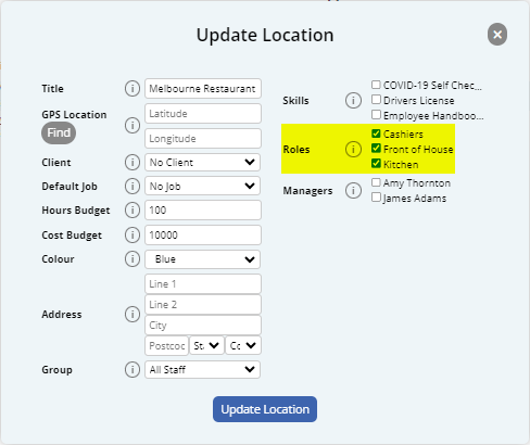 Updating a Location with Roles configuration area highlighted