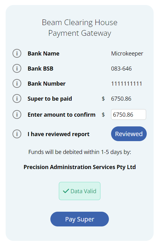 Beam Clearing House Payment Gateway with the amount confirmed and pay super button available.