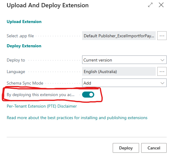 The Upload And Deploy Extension window with the ExcelImportforPayroll .app file chosen, Deploy to set to Current version and the terms accepted