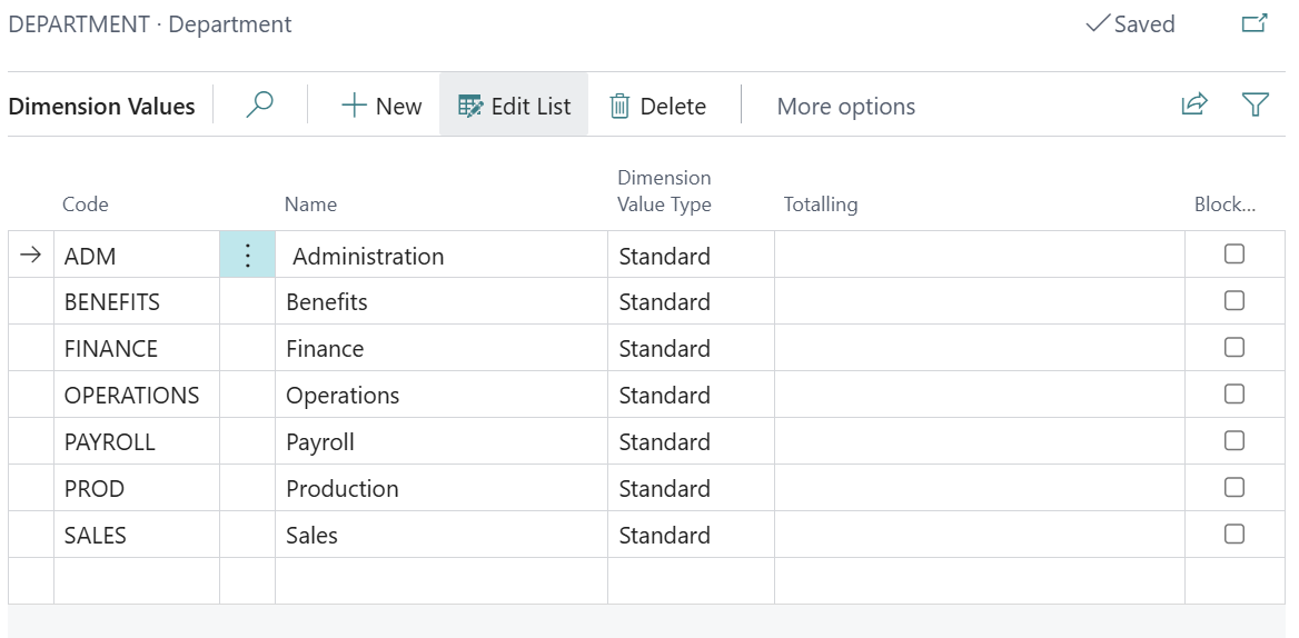 The Dimension Values for DEPARTMENT, with codes such as ADM, BENEFITS, FINANCE, OPERATIONS, PAYROLL, PROD and SALES