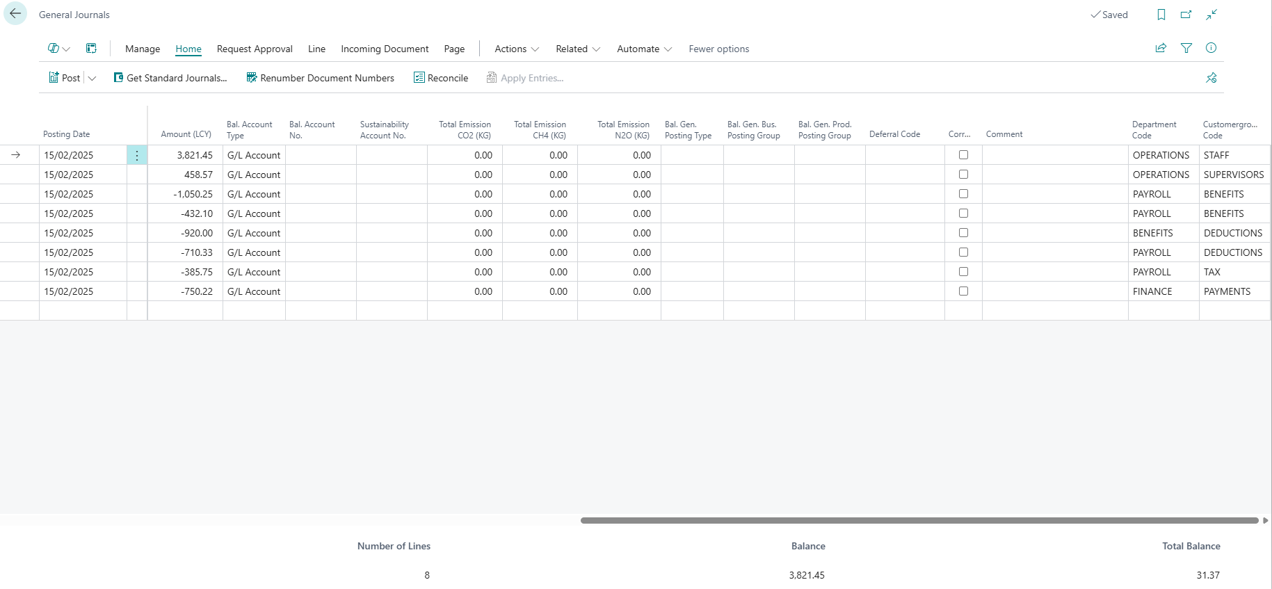Business Central's General Journals with the imported payroll lines, showing their posting date, amount and the Department Code and Customergroup Code dimensions