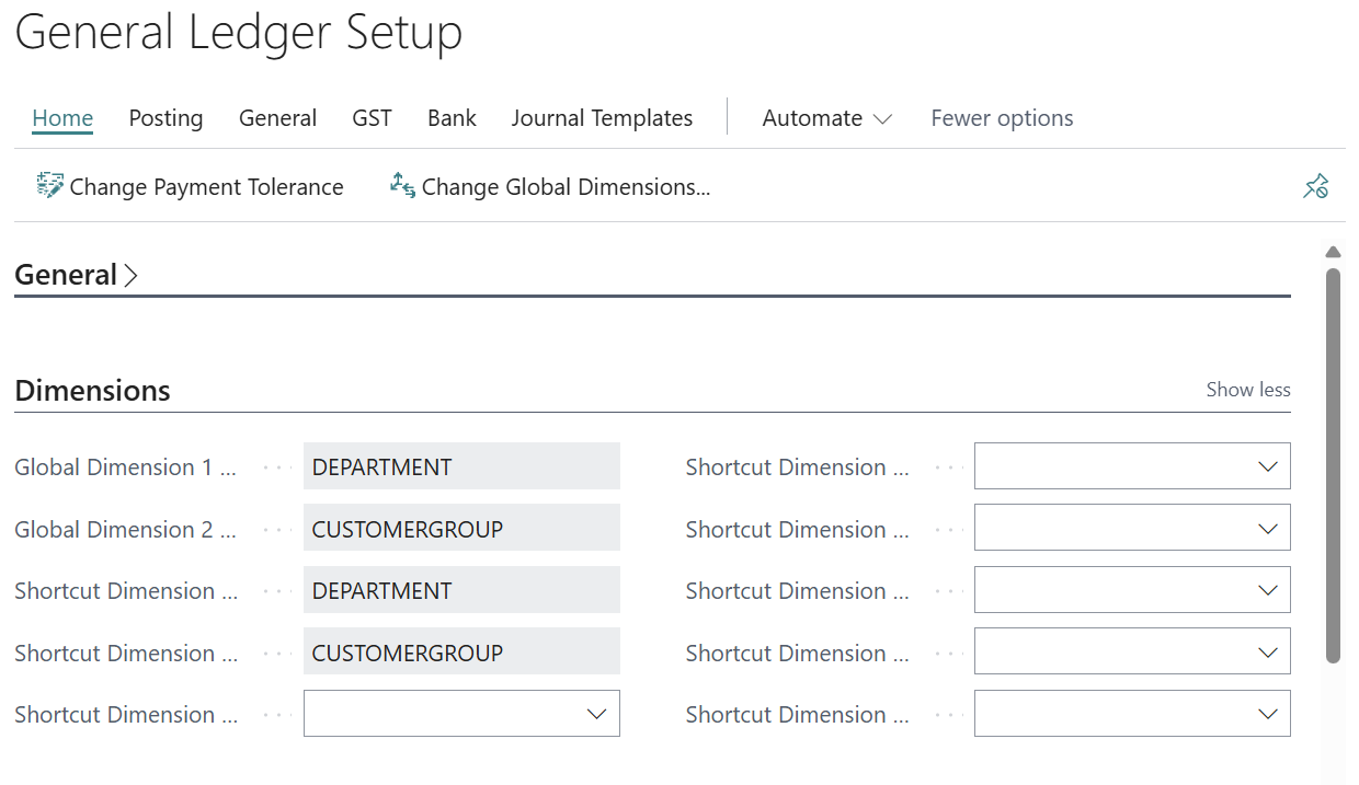 Business Central's General Ledger Setup, with Global Dimension 1 and Shortcut Dimension 1 set to DEPARTMENT, and Global Dimension 2 and Shortcut Dimension 2 set to CUSTOMERGROUP