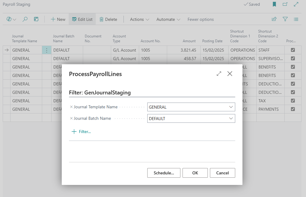 The ProcessPayrollLines window over Payroll Staging, with Journal Template Name GENERAL and Journal Batch Name DEFAULT, and the OK button