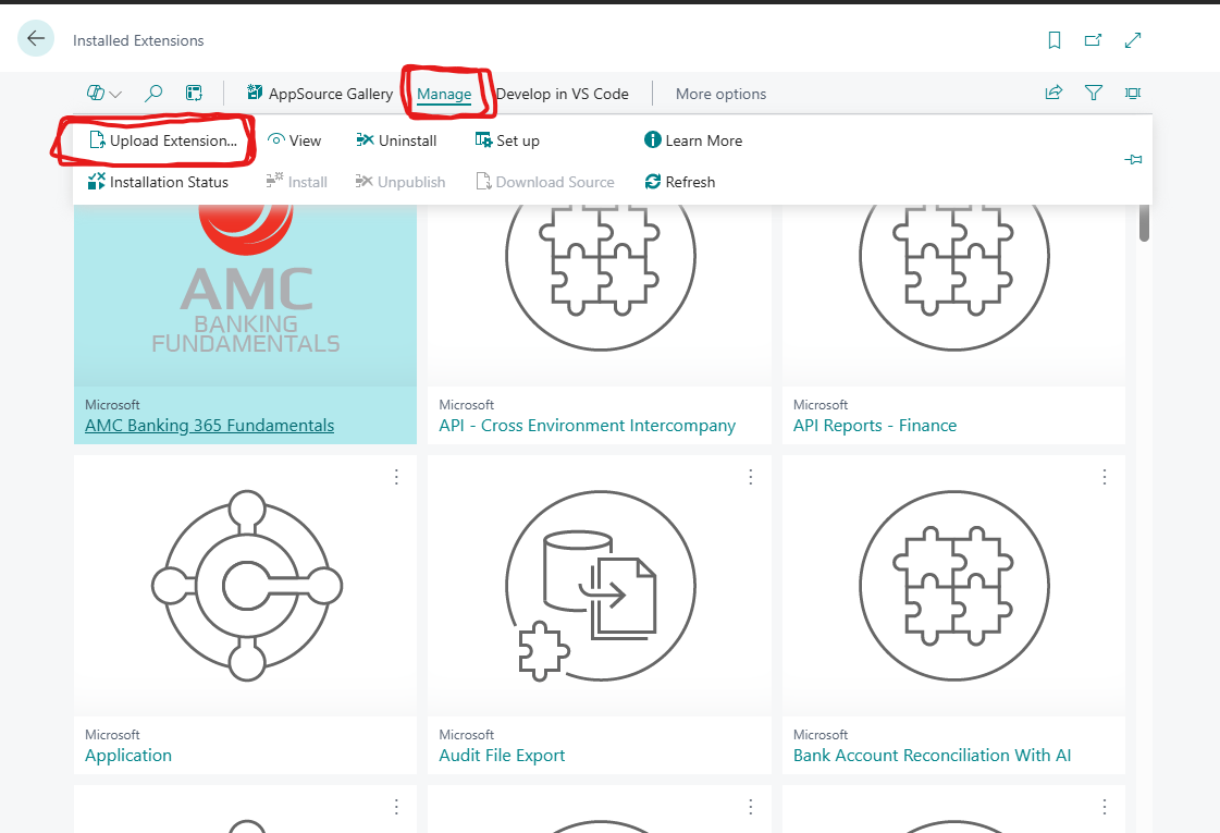 Business Central's Installed Extensions page with the Manage menu open at Upload Extension