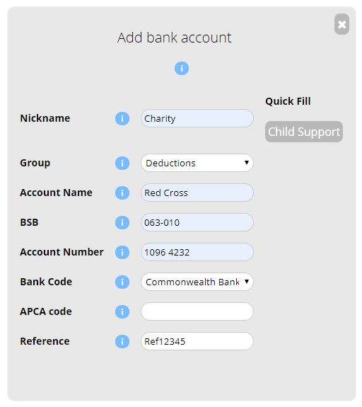 screenshot of microkeepers system adding bank account details for charity through payroll