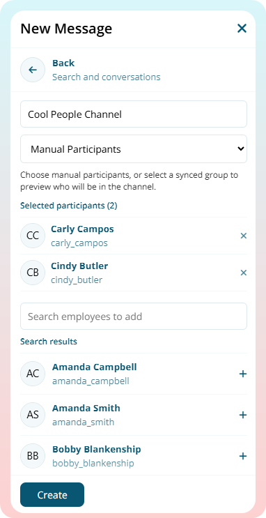 New Channel form using Manual Participants, with a channel title, selected participants, employee search results, and a Create button.