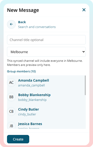 New Channel form with the Melbourne group selected, showing a preview list of group members who will be included in the synced channel.