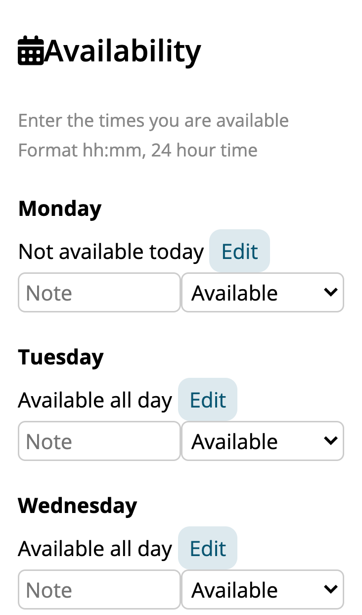 Availability on a phone, with Monday set to Not Mondays and the other days Available all day