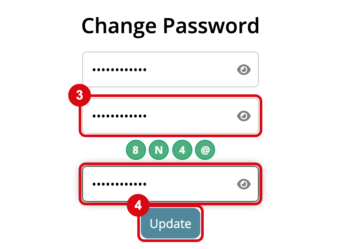 Change Password on a phone, with the four lights green and the Update button, marked 3 and 4