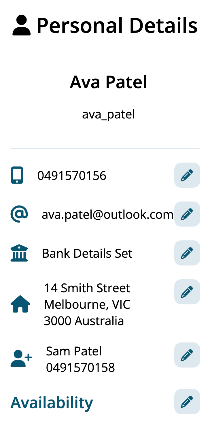 Personal Details on a phone, with a pencil beside the mobile, email, bank details, address, emergency contact and availability