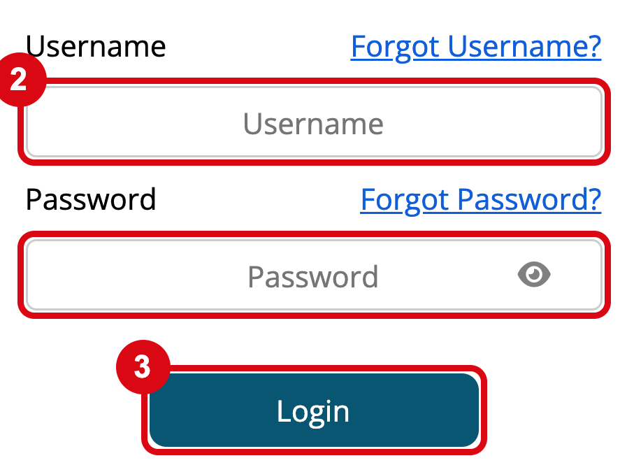 The Microkeeper login page on a phone, with marks matching the steps: 2 Username and Password, and 3 Login