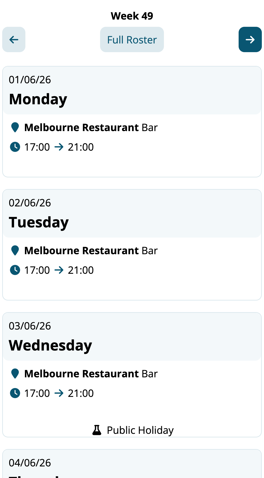 A week of shifts on a phone, each day with its Location, Role, start and finish time, and a public holiday marked