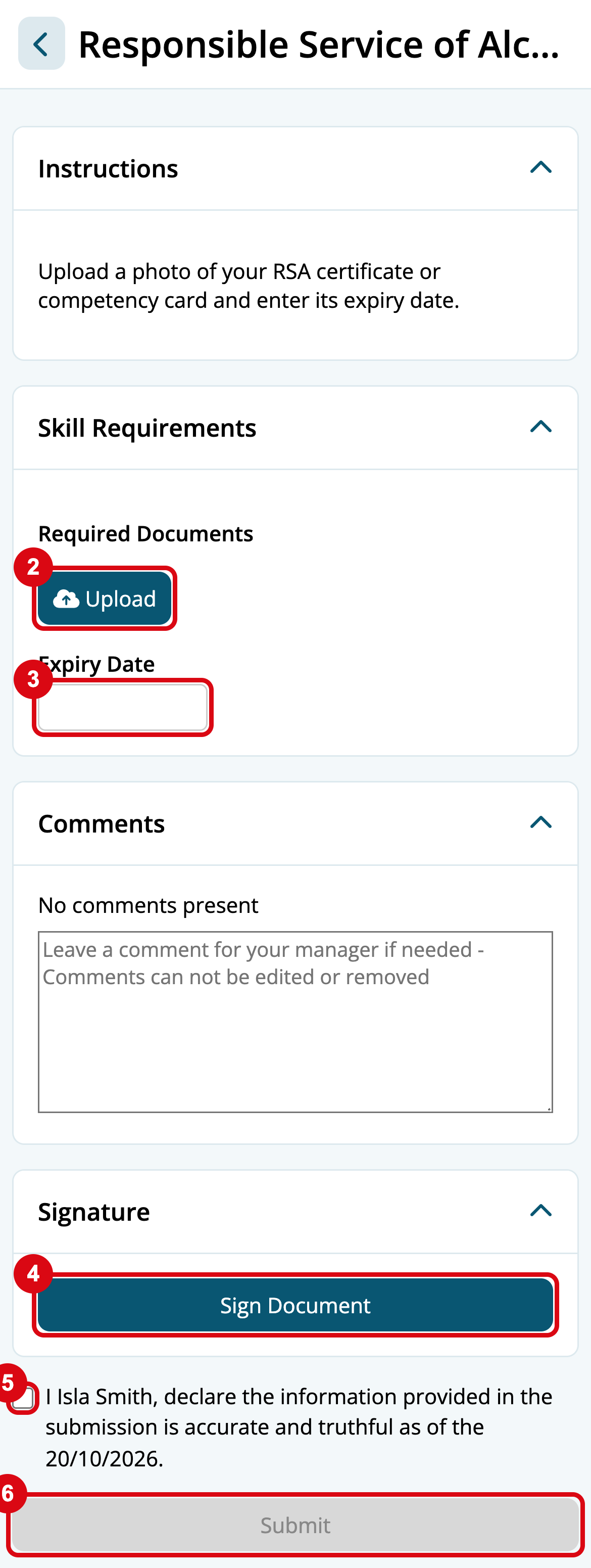 An RSA certificate skill on a phone, with marks matching the steps: 2 Upload, 3 the expiry date, 4 Sign Document, 5 the declaration and 6 Submit
