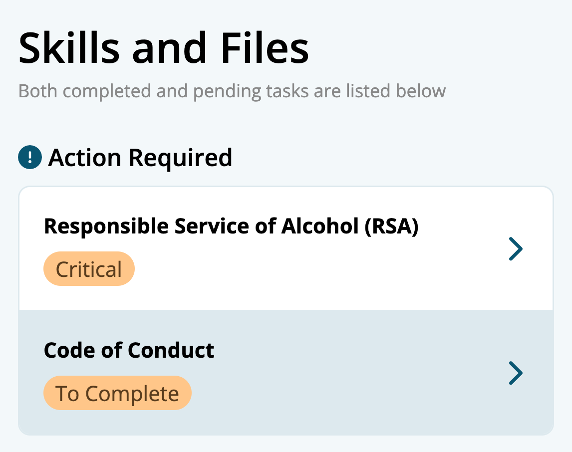 Skills and Files on a phone, with an RSA certificate and a Code of Conduct, each with its status