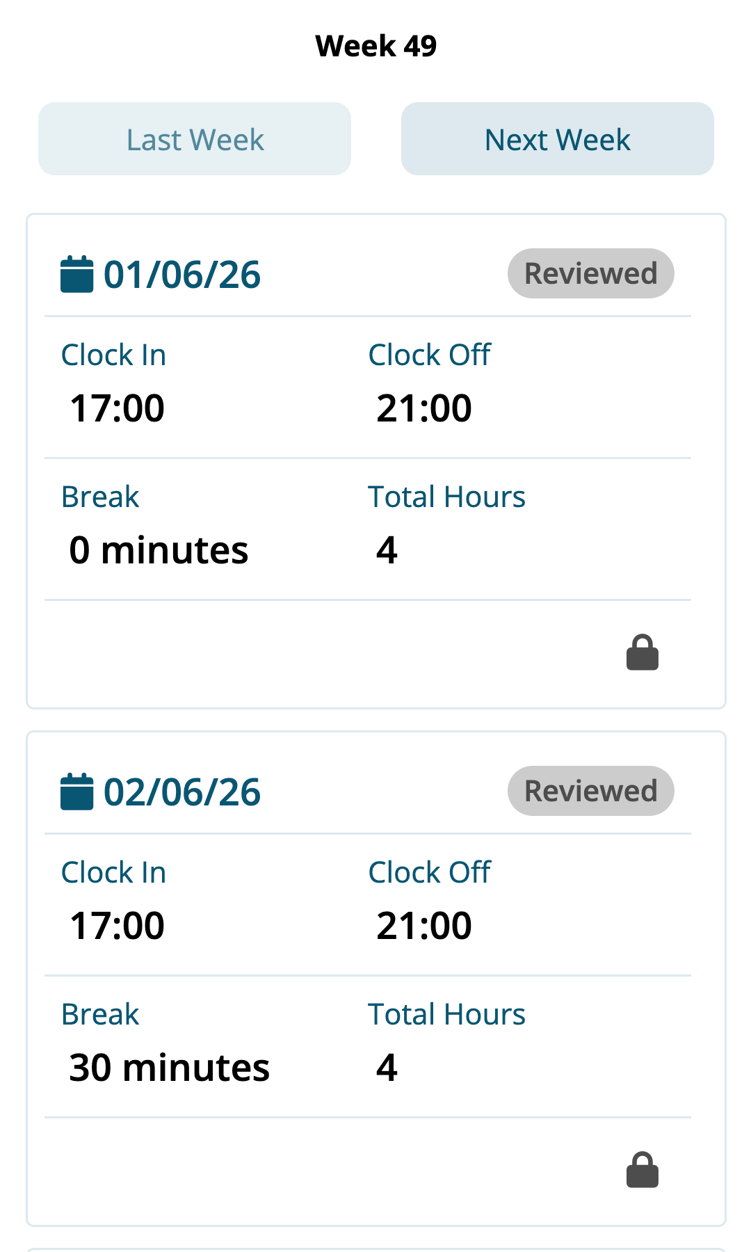 A week of timesheets on a phone, each shift with its Clock In, Clock Off, Break and Total Hours, and the Weekly Total Hours