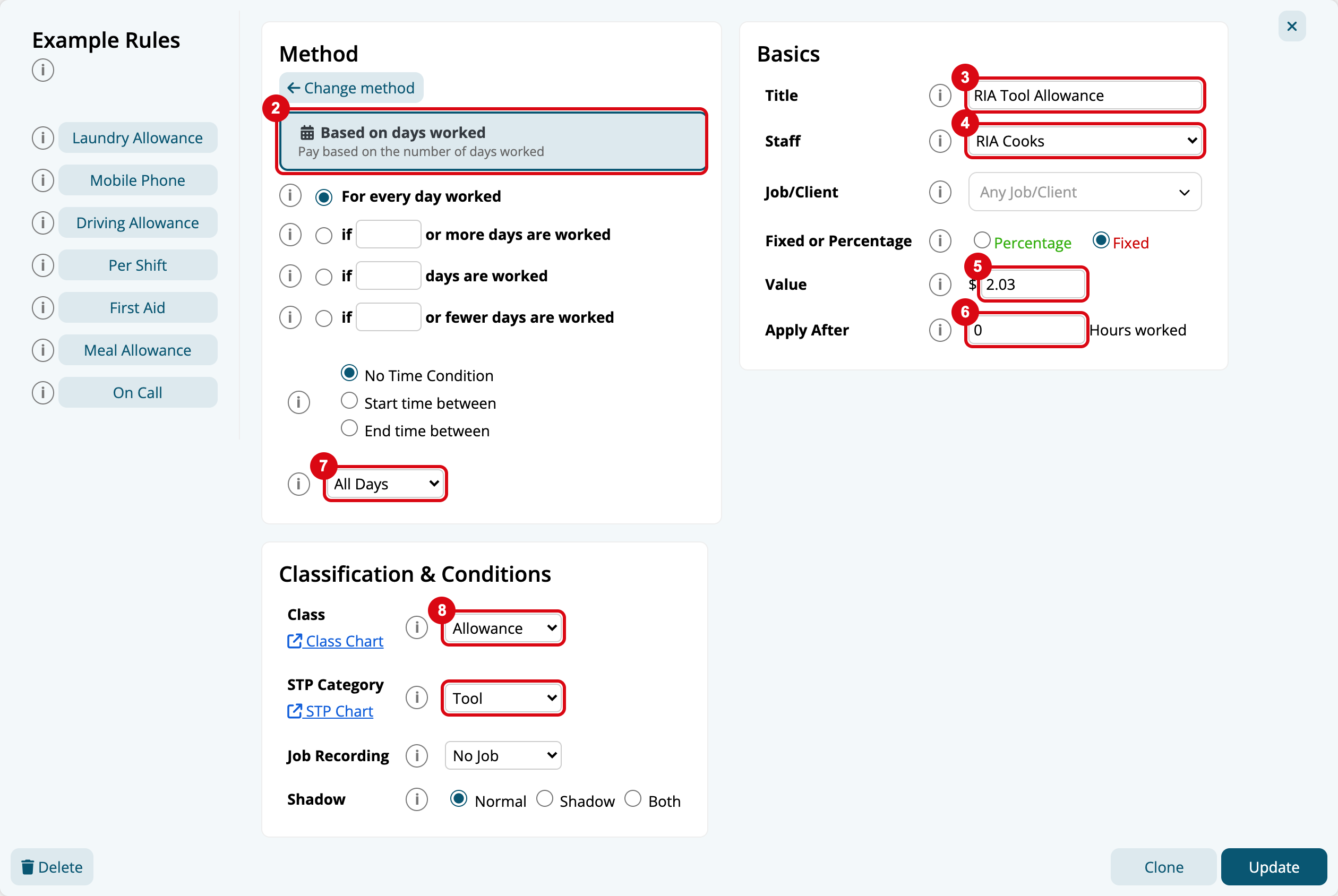 The cooks' tool allowance Extra Rule open for editing, with marks matching the steps: 2 the Based on days worked method with For every day worked, 3 Title RIA Tool Allowance, 4 Staff RIA Cooks, 5 Fixed Value 2.03, 6 Apply After 0, 7 All Days, and 8 Class Allowance with STP Category Tool