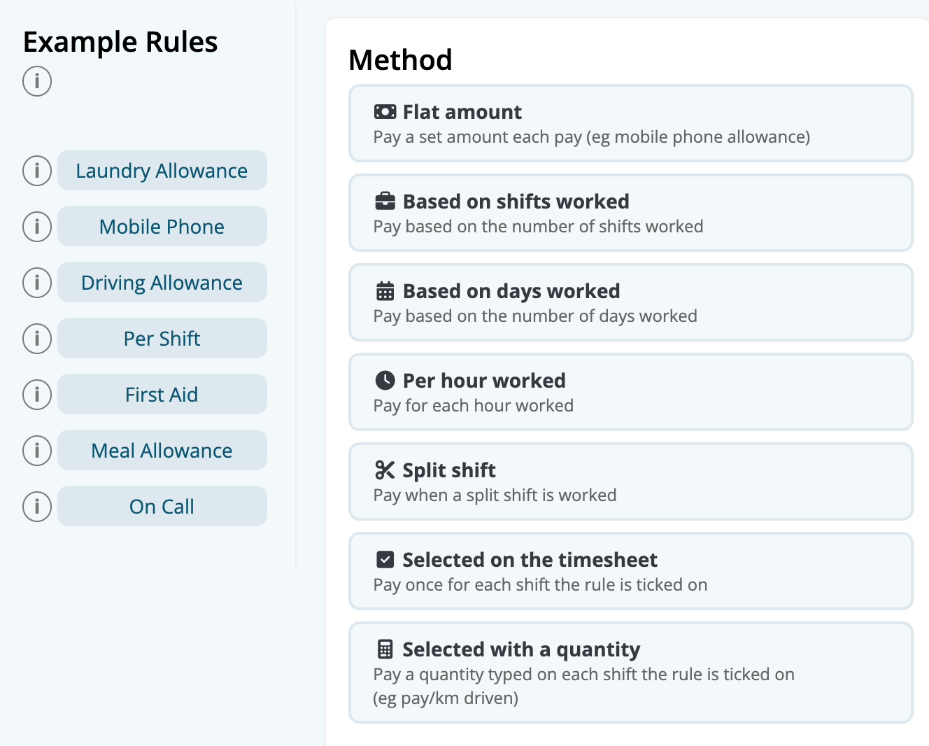 The Create Extra Rule form with Example Rules on the left and the method cards: Flat amount, Based on shifts worked, Based on days worked, Per hour worked, Split shift, Selected on the timesheet, and Selected with a quantity