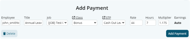 Image of an Add Payment window of cashing out leave configured to pay out 7 hours of Annual Leave Leave