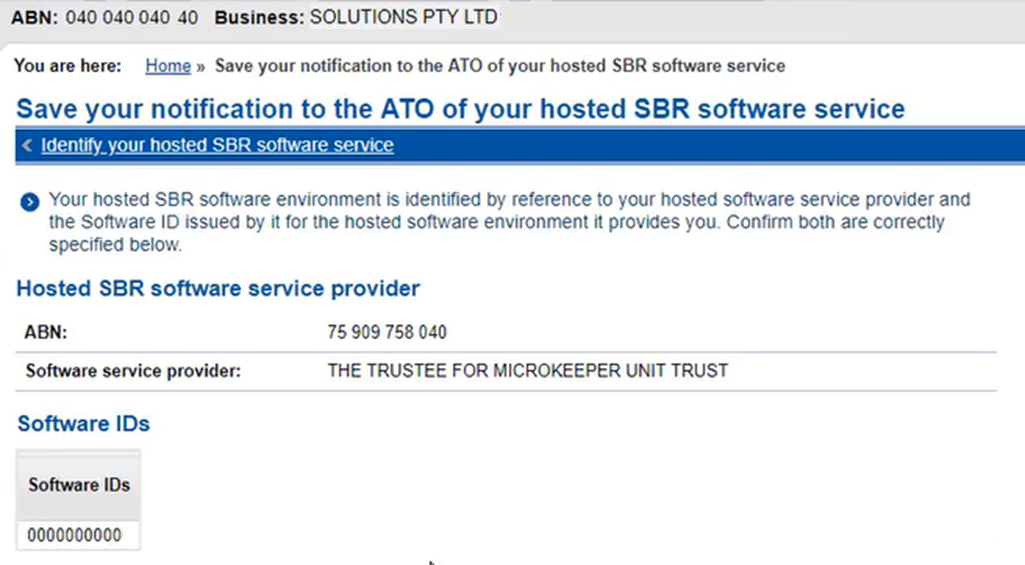 The Software ID connected to the software service provider of Microkeeper in the ATO SBR Software Service