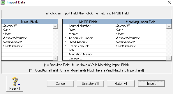 Import Fields MYOB