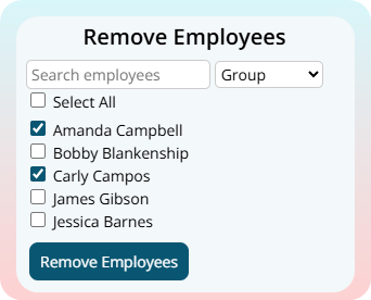 Remove Employees window with employee search, group filter, selectable employee checkboxes, and a Remove Employees button.