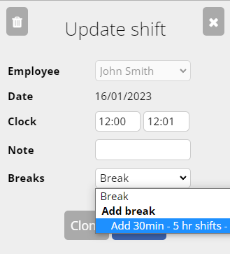Manager add a break through Update Shift box