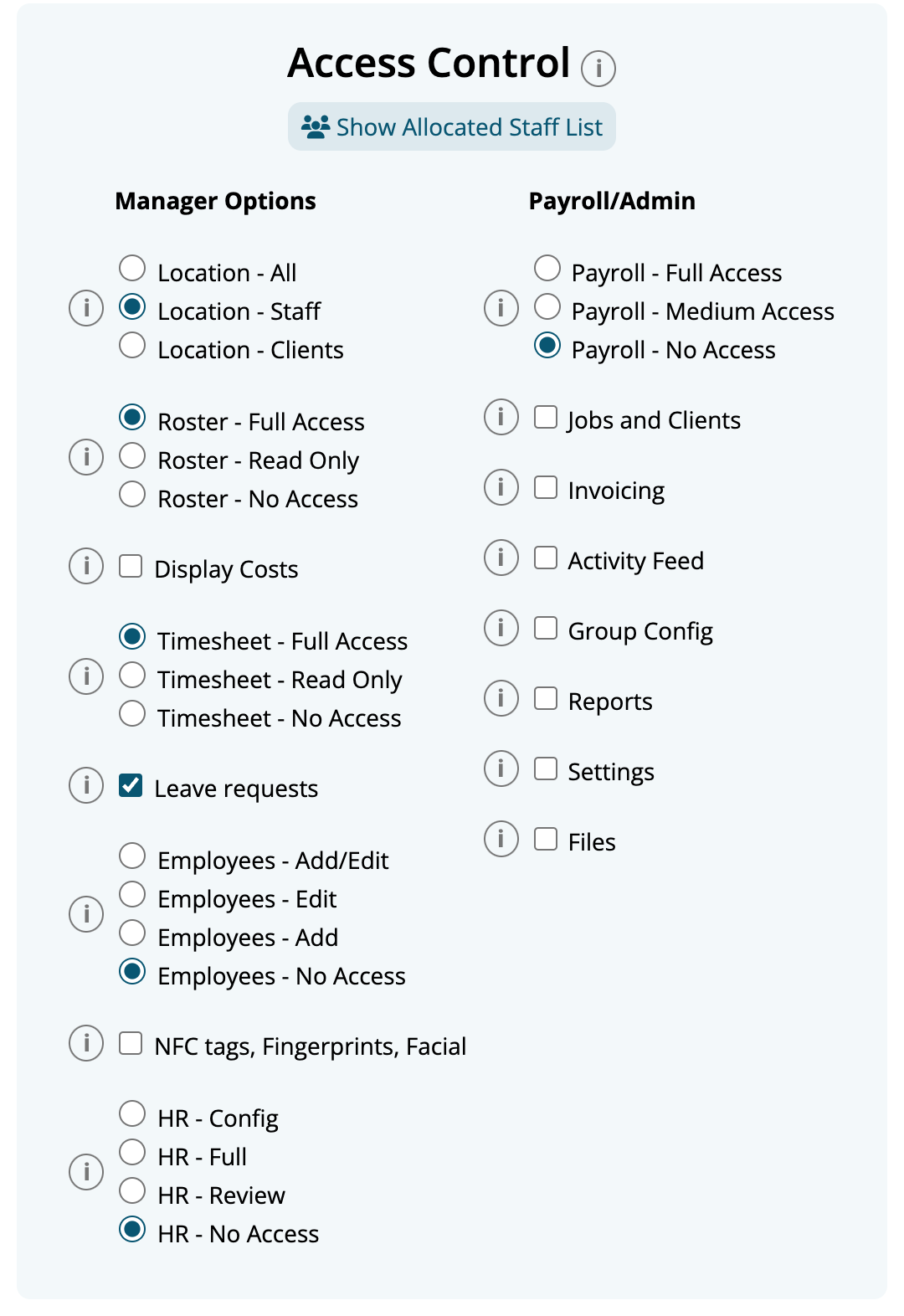 The Access Control section of a restaurant manager's profile: Manager Options with Location - Staff, Roster - Full Access, Timesheet - Full Access and Leave requests, and Payroll/Admin with Payroll - No Access