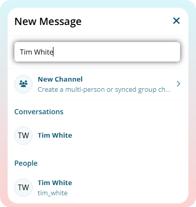 New Message window with a search for Tim White, showing an existing direct conversation and a matching person result