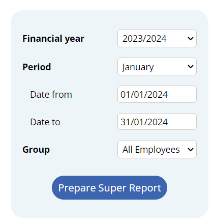 super report filter with option to select 'Financial Year', 'Period', ''Date from', 'Date to' and 'Group'